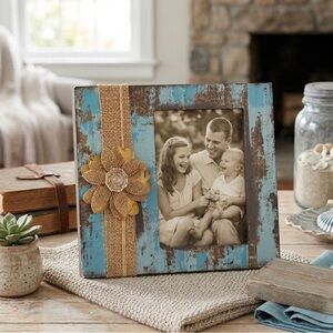 Green Tree Gallery Blue Distressed & Burlap Wooden 5x7 Photo Picture Frame